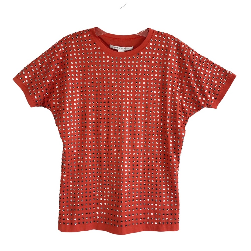Diane Von Furstenberg Orange Metallic Sequin Studded T-shirt